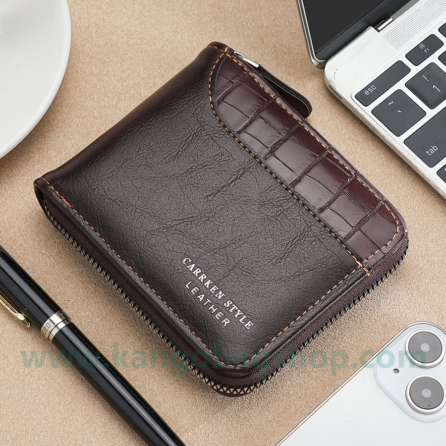 Men's retro zippered wallets students multi-functional stitching stone pattern wallets