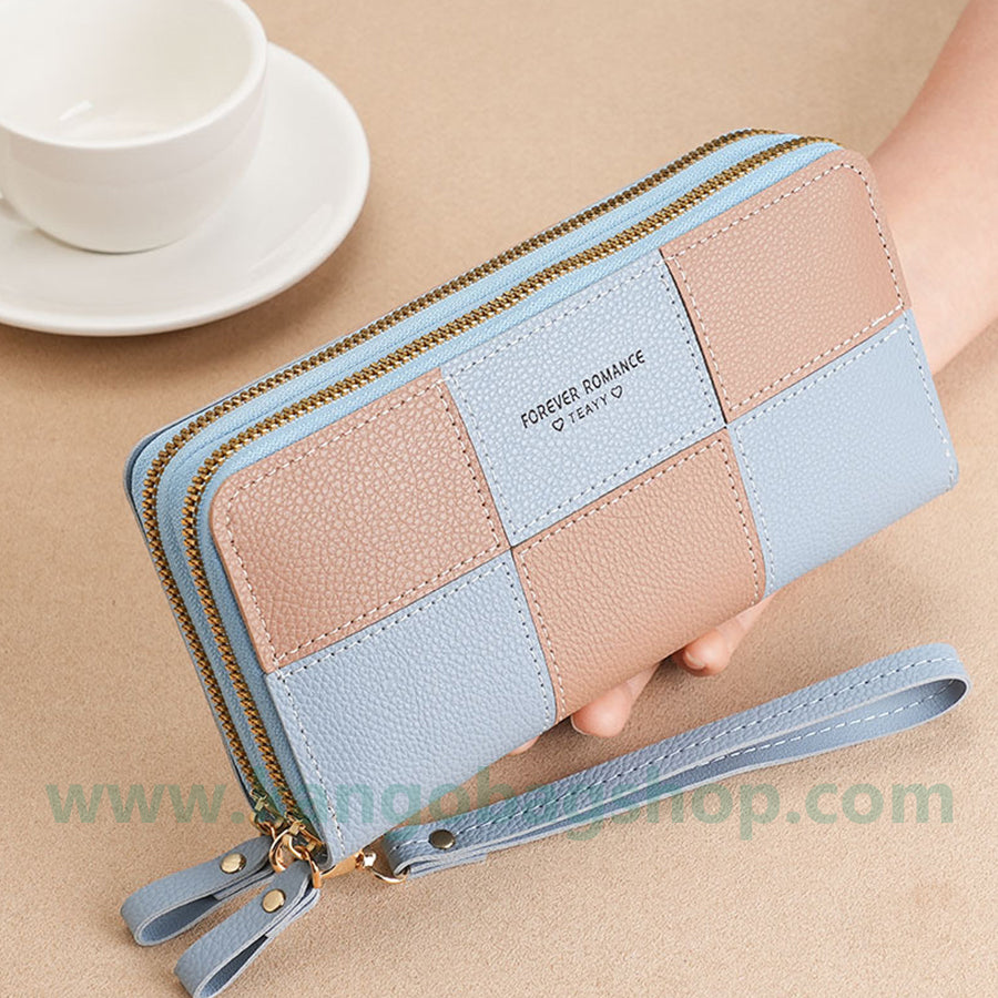 Fashion brand women hand purse large capacity long three-color stitching simple zipper mobile phone purse wallet