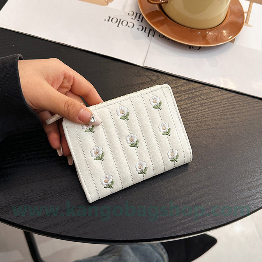 Purse female short embroidered cute little fresh student multi-card zipper small wallet card package integration