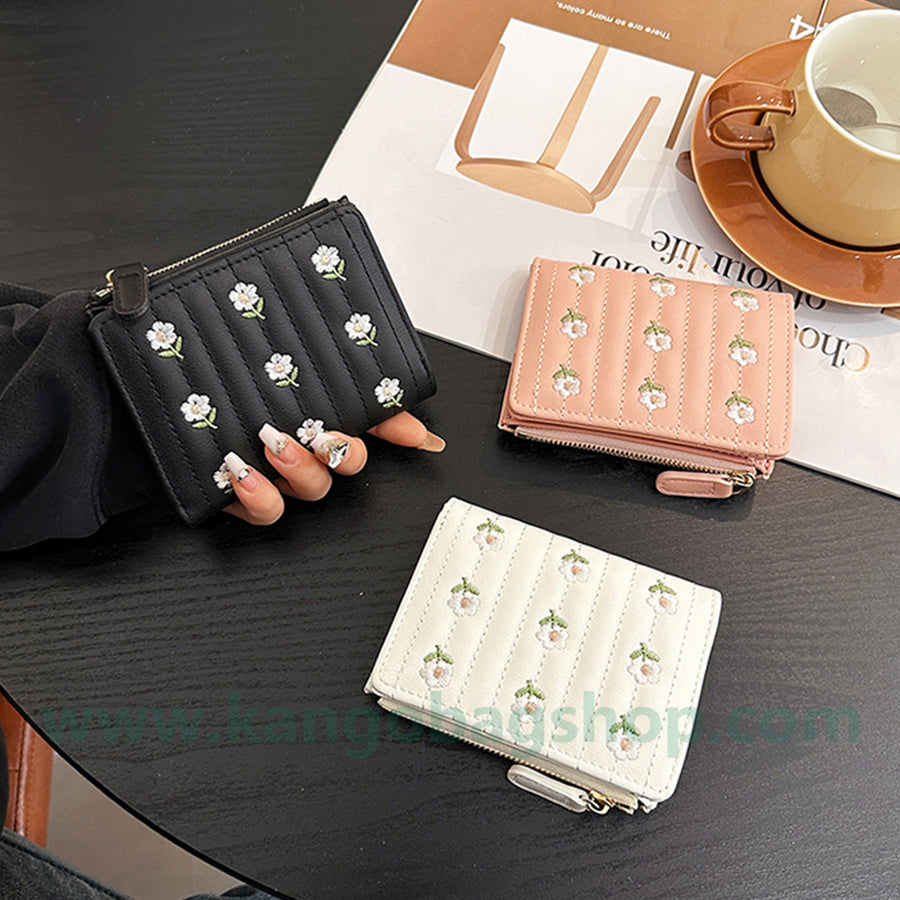 Purse female short embroidered cute little fresh student multi-card zipper small wallet card package integration