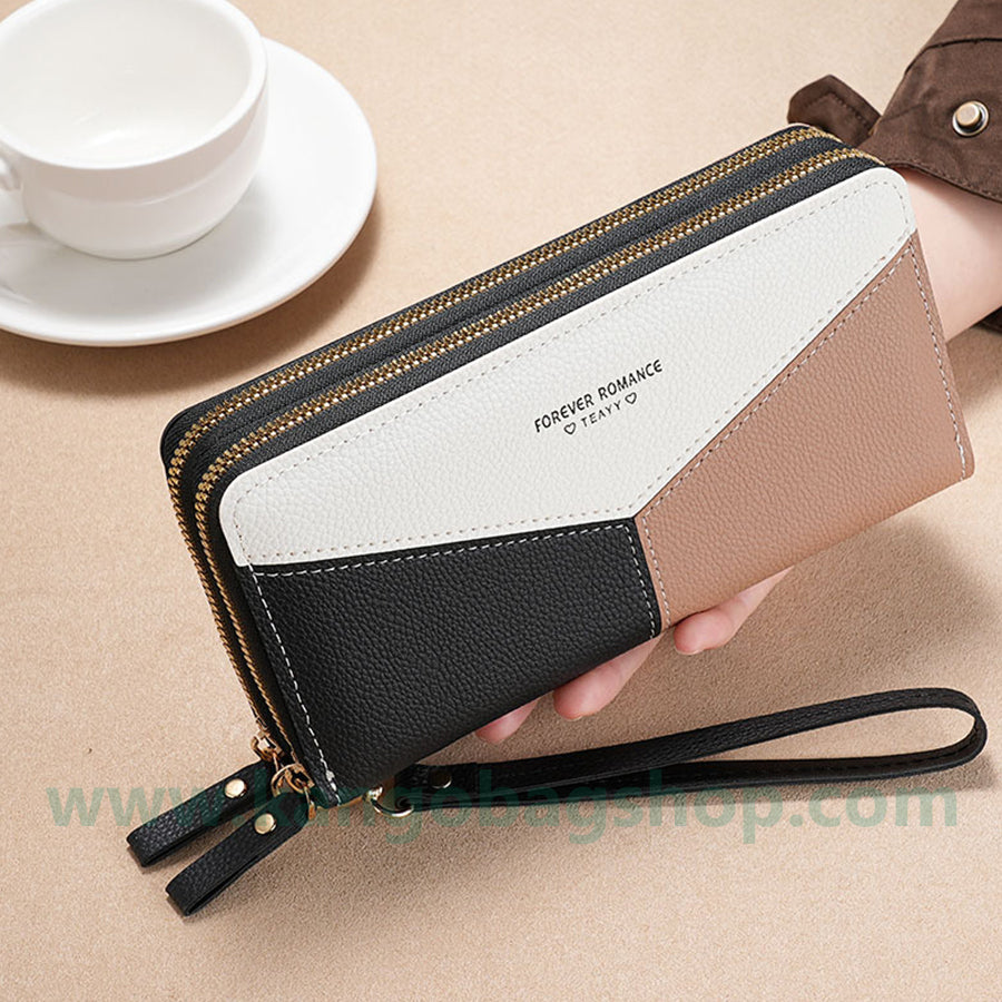 Fashion brand women hand purse large capacity long three-color stitching simple zipper mobile phone purse wallet