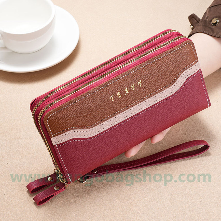 Fashion brand women hand purse large capacity long three-color stitching simple zipper mobile phone purse wallet