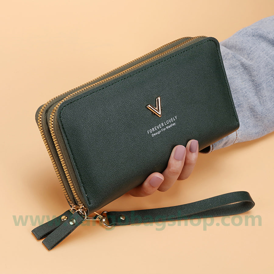 Double Zipper Lady Purse Long large capacity hand purse soft leather purse Korean version multi-card mobile phone bag