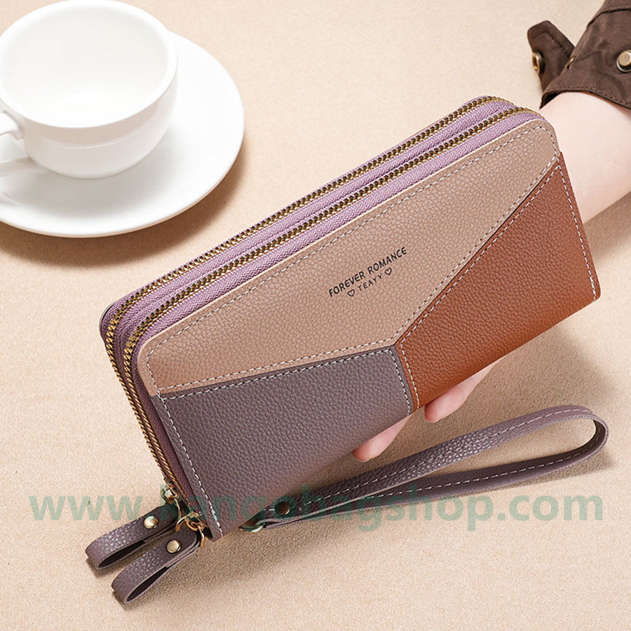 Fashion brand women hand purse large capacity long three-color stitching simple zipper mobile phone purse wallet