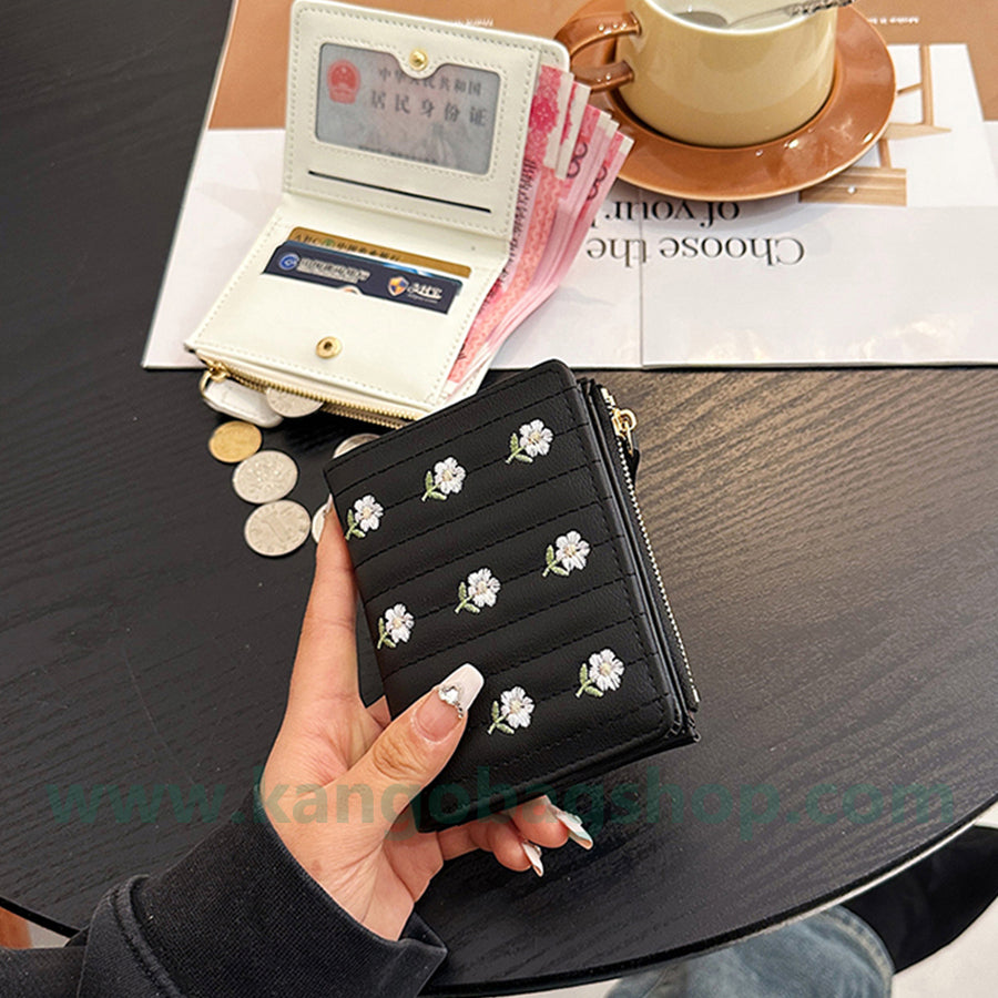 Purse female short embroidered cute little fresh student multi-card zipper small wallet card package integration