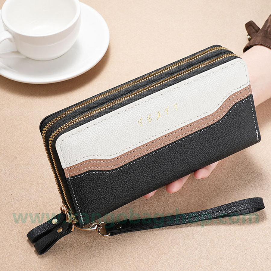 Fashion brand women hand purse large capacity long three-color stitching simple zipper mobile phone purse wallet