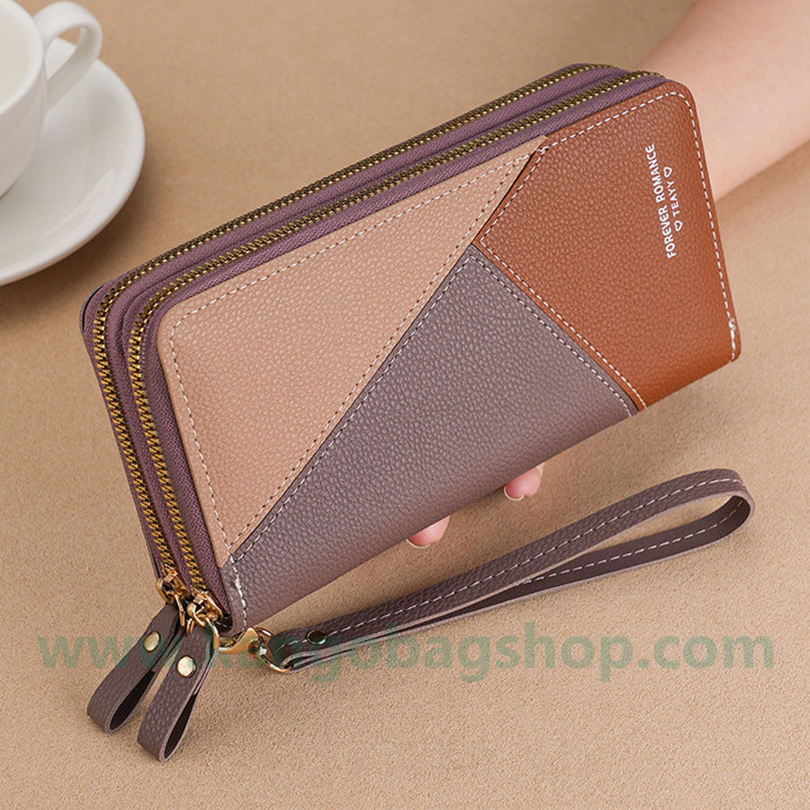 Fashion brand women hand purse large capacity long three-color stitching simple zipper mobile phone purse wallet