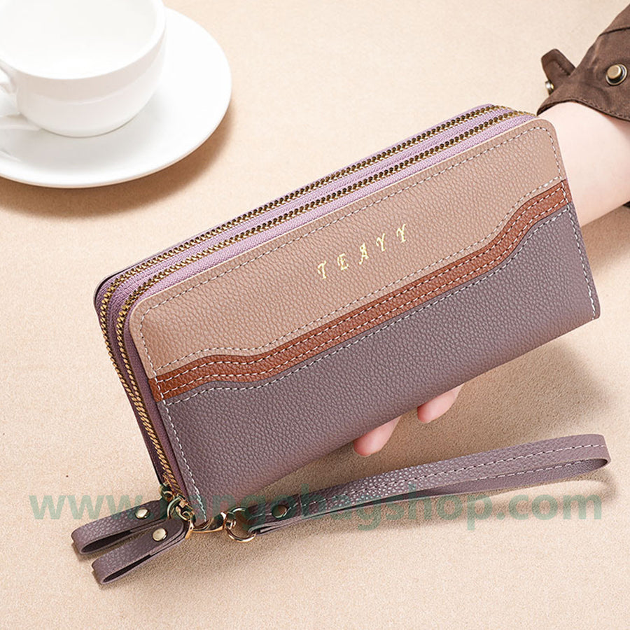 Fashion brand women hand purse large capacity long three-color stitching simple zipper mobile phone purse wallet