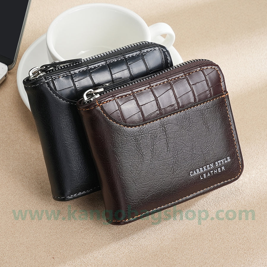 Men's retro zippered wallets students multi-functional stitching stone pattern wallets