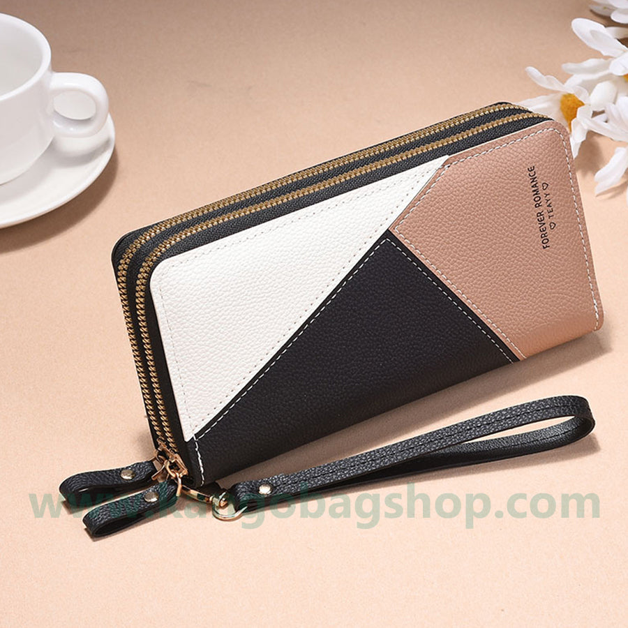 Fashion brand women hand purse large capacity long three-color stitching simple zipper mobile phone purse wallet