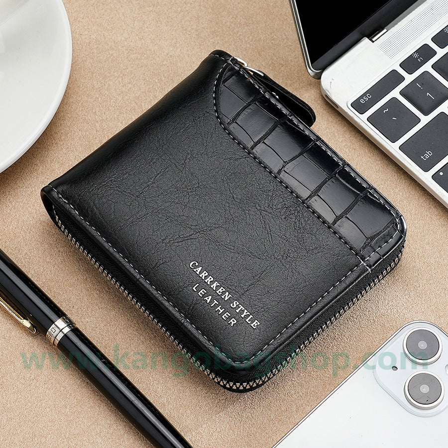 Men's retro zippered wallets students multi-functional stitching stone pattern wallets