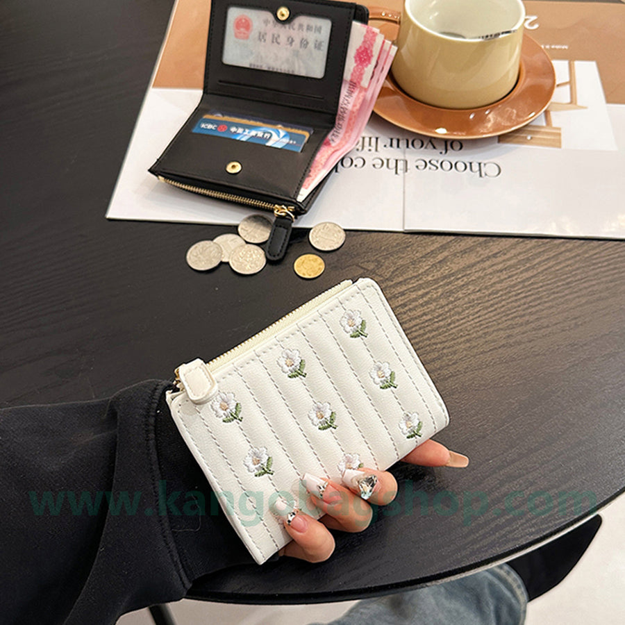 Purse female short embroidered cute little fresh student multi-card zipper small wallet card package integration