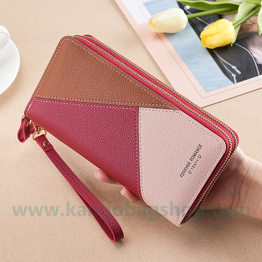 Fashion brand women hand purse large capacity long three-color stitching simple zipper mobile phone purse wallet