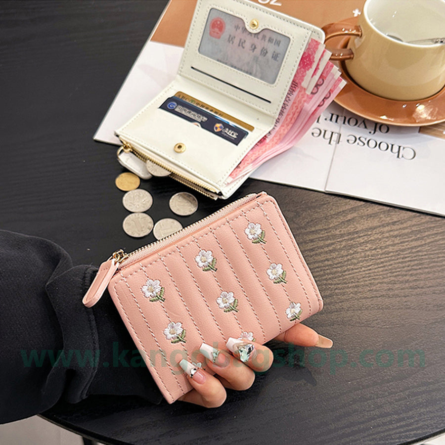 Purse female short embroidered cute little fresh student multi-card zipper small wallet card package integration