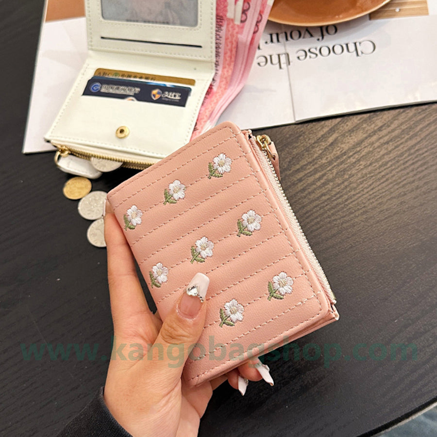 Purse female short embroidered cute little fresh student multi-card zipper small wallet card package integration