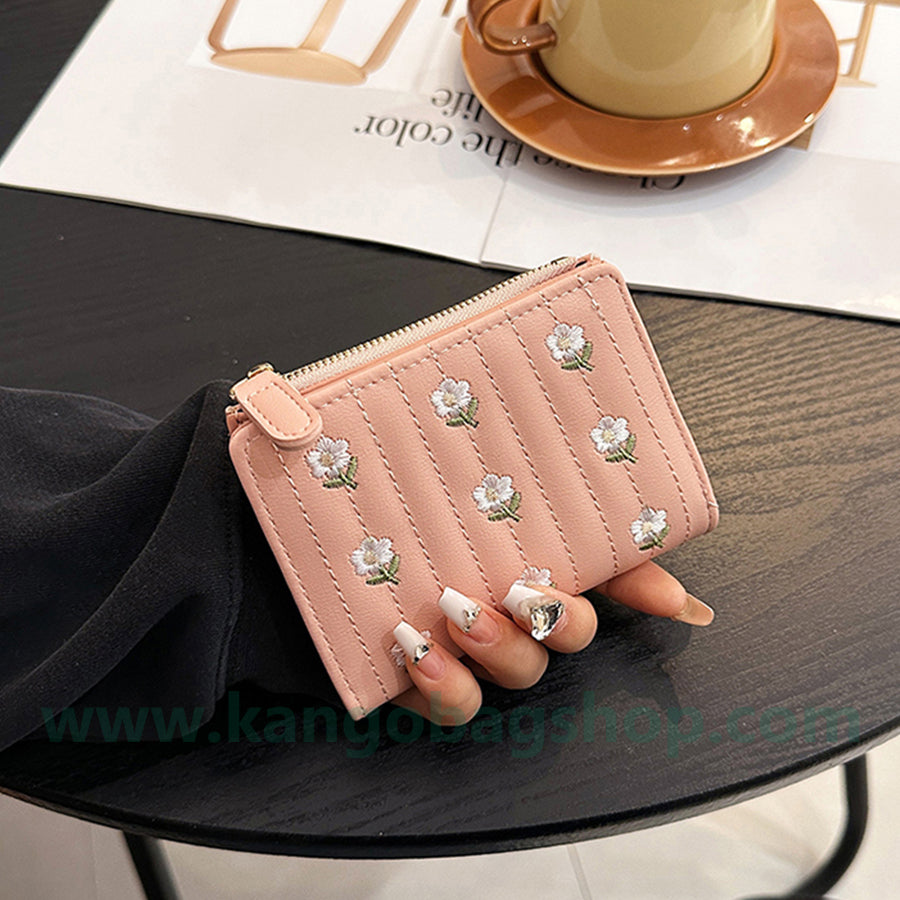 Purse female short embroidered cute little fresh student multi-card zipper small wallet card package integration