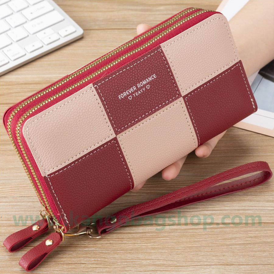 Fashion brand women hand purse large capacity long three-color stitching simple zipper mobile phone purse wallet