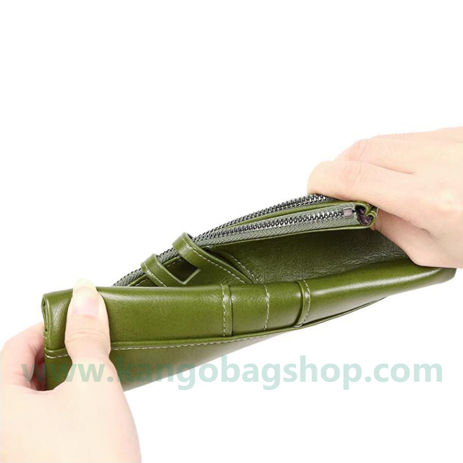 Ladies' purse wax leather double zipper long wallet female niche design high-grade soft wallet tide