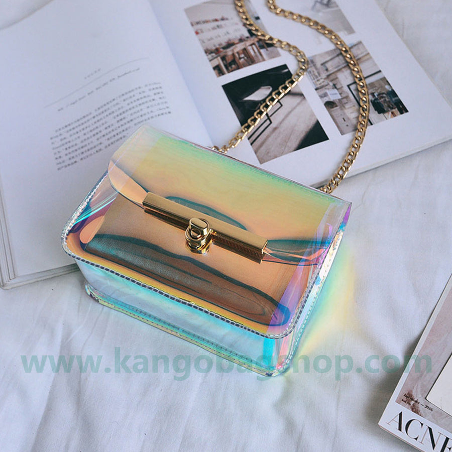 New laser dazzle color small square bag chain small bag mobile bag change purse transparent bag single shoulder messenger bag