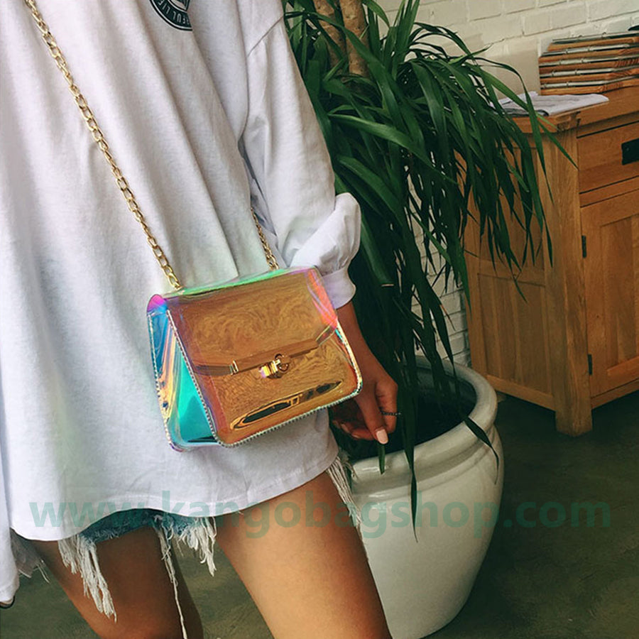 New laser dazzle color small square bag chain small bag mobile bag change purse transparent bag single shoulder messenger bag