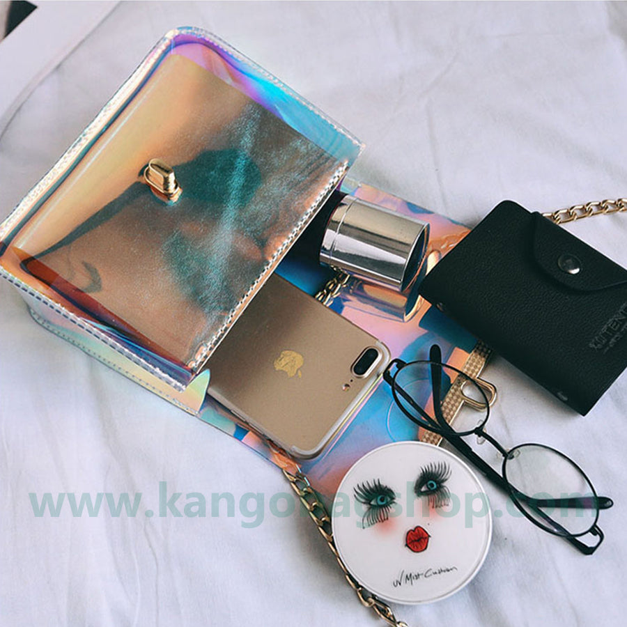 New laser dazzle color small square bag chain small bag mobile bag change purse transparent bag single shoulder messenger bag