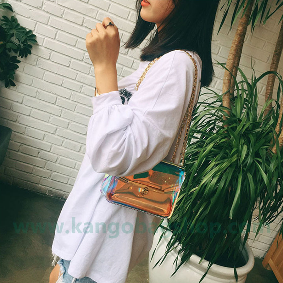 New laser dazzle color small square bag chain small bag mobile bag change purse transparent bag single shoulder messenger bag