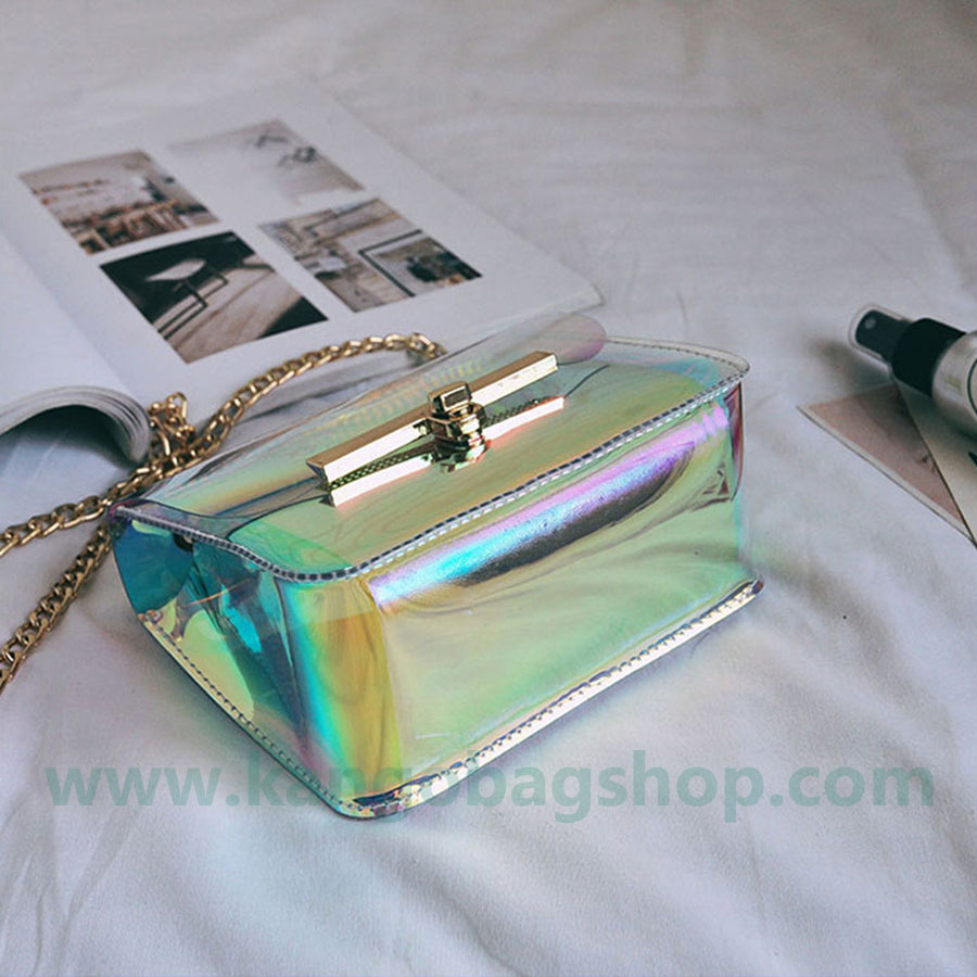 New laser dazzle color small square bag chain small bag mobile bag change purse transparent bag single shoulder messenger bag