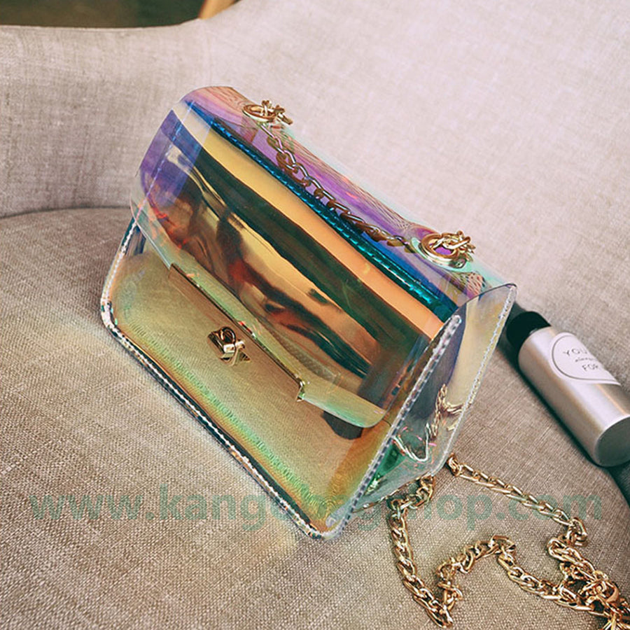 New laser dazzle color small square bag chain small bag mobile bag change purse transparent bag single shoulder messenger bag