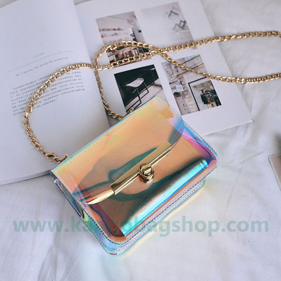 New laser dazzle color small square bag chain small bag mobile bag change purse transparent bag single shoulder messenger bag