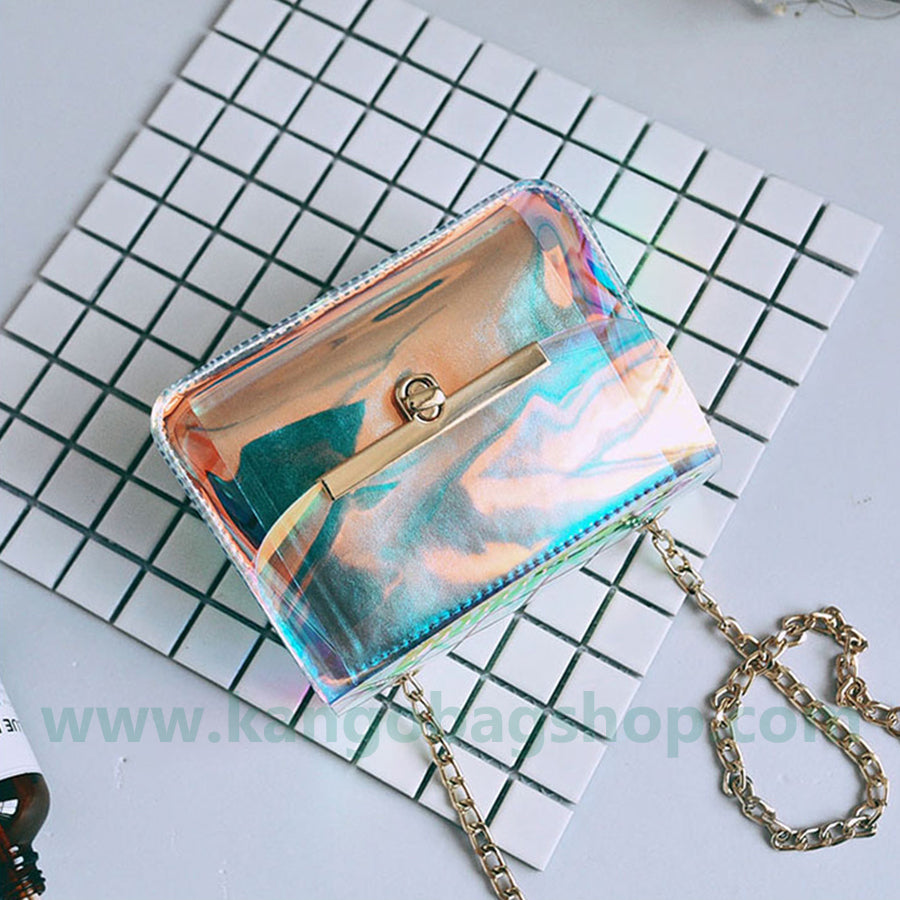 New laser dazzle color small square bag chain small bag mobile bag change purse transparent bag single shoulder messenger bag